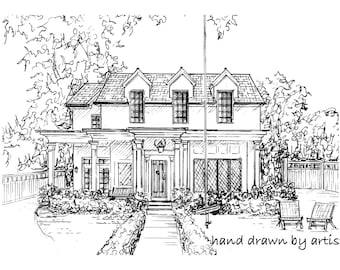 House Portrait, Commissioned artwork, Landscape in Ink, Architectural drawing of my house, my photo to art, hand drawn