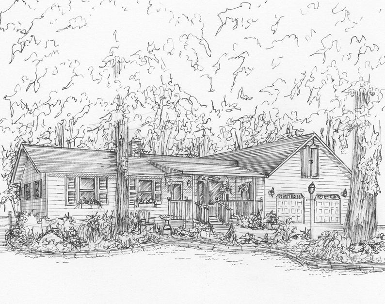 Custom Home Portrait, Family home drawn in ink, 5x 7 commission art from photo, ships free to US, family house drawing image 7