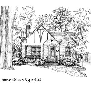 May include: A detailed pen and ink drawing of a house in black and white. The house features a brick facade, a gabled roof, and a chimney. The text "hand drawn by artist" is included in the drawing.