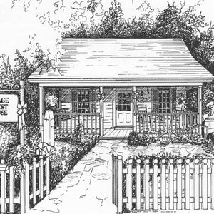 May include: A black and white line drawing of a cottage guest house with a porch, a white picket fence, and a sign that reads "Cottage Guest House".