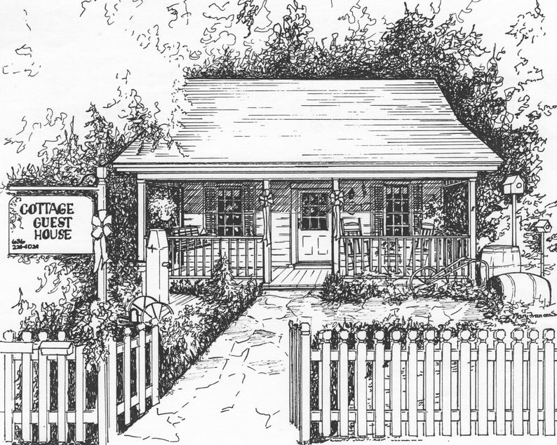 May include: A black and white line drawing of a cottage guest house with a porch, a white picket fence, and a sign that reads "Cottage Guest House".