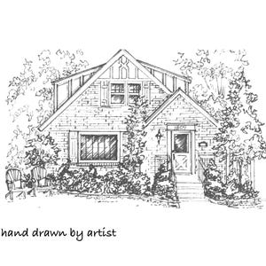 May include: A black and white line drawing of a brick house with a gabled roof, a front porch, and a yard with trees and bushes. The house has a number "1809" above the front door.