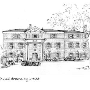 May include: A black and white line drawing of a brick house with a large front porch and columns. The house has a sign above the door that reads "KAO".