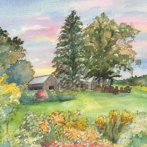 May include: Watercolor painting of a rural scene with a farmhouse, trees, and a field of flowers. The sky is a soft pink and blue, and the sun is setting in the distance. The painting is signed "Thistle Hill 2019".