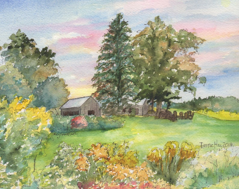 May include: Watercolor painting of a rural scene with a farmhouse, trees, and a field of flowers. The sky is a soft pink and blue, and the sun is setting in the distance. The painting is signed "Thistle Hill 2019".