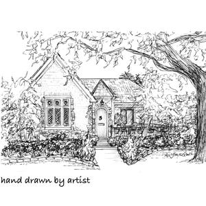 May include: Black and white line drawing of a house with a tree in the front yard. The house has a stone facade and a front door with a number "5" on it. The drawing is labeled "hand drawn by artist".