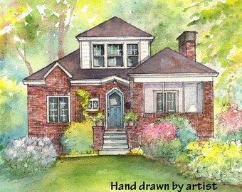 Your home painted from photo,  watercolor and ink portrait of house, customized artwork, hand painted