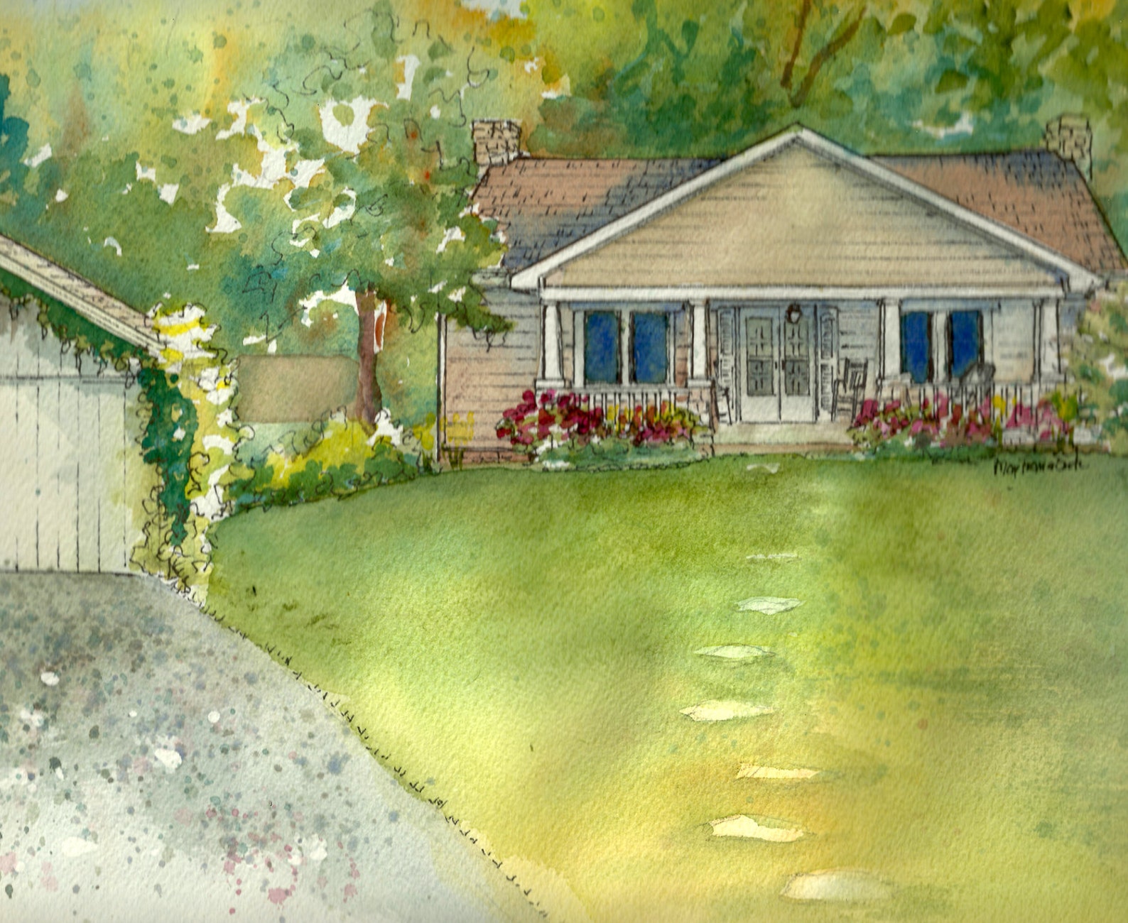 House Painting in Watercolor With Ink Details Custom Portrait Etsy