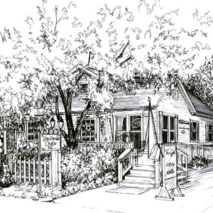 May include: A black and white line drawing of a small house with a sign that reads "Gourmet Crafts, Inc." The house has a porch with steps leading up to the front door. There is a tree in front of the house and a fence on the left side of the image.
