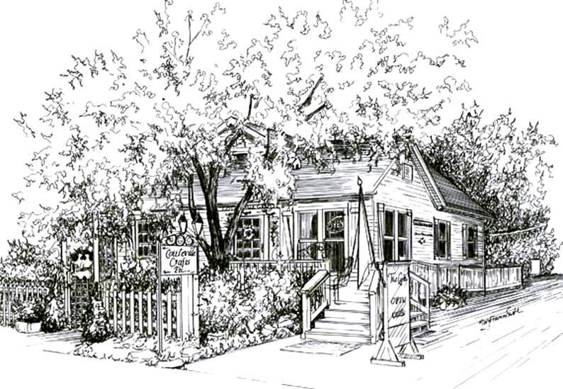 May include: A black and white line drawing of a small house with a sign that reads "Gourmet Crafts, Inc." The house has a porch with steps leading up to the front door. There is a tree in front of the house and a fence on the left side of the image.