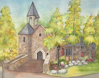 Watercolor church portrait - custom painting of your church or wedding venue hand painted