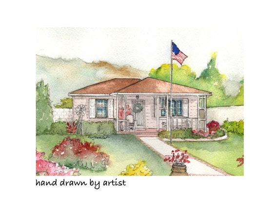 Home portrait, custom watercolor, hand drawn bespoke artwork of your house or cottage