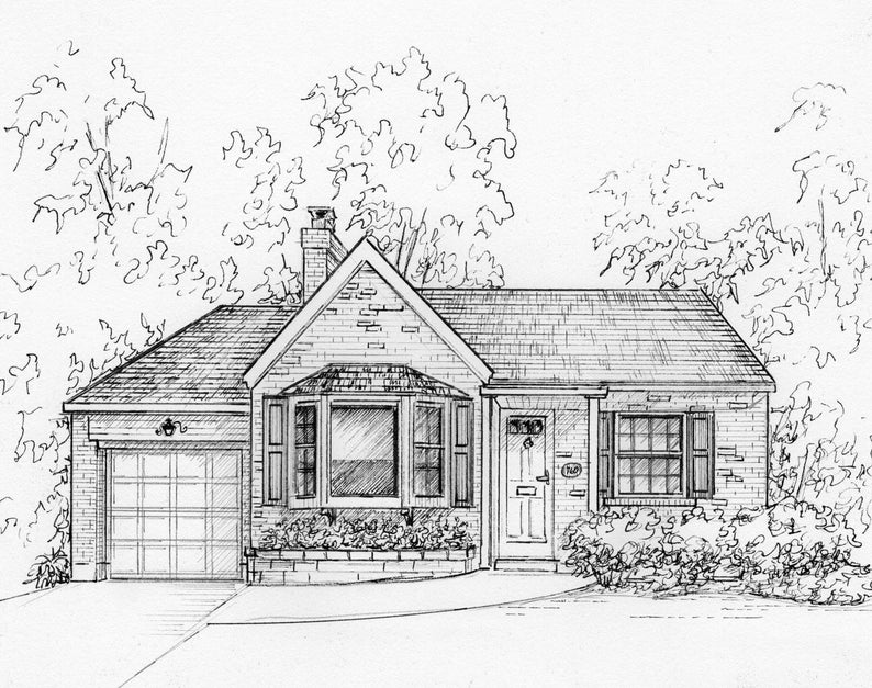 Custom Home Portrait, Family home drawn in ink, 5x 7 commission art from photo, ships free to US, family house drawing image 1