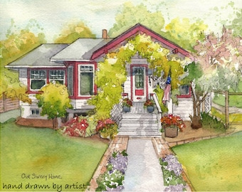 Watercolor home portrait, Architectural painting of your house or business created by hand by artist