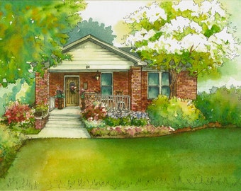 Watercolor house painting 8"x 10" personalized hand painted artwork, commissioned drawing of your home portrait from photo