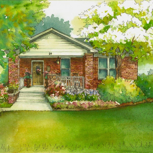 Watercolor house painting 8"x 10" personalized hand painted artwork, commissioned drawing of your home portrait from photo