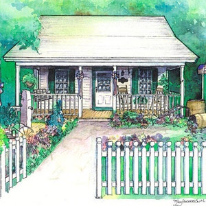 May include: A watercolor painting of a white cottage with a porch and a sign that reads "Cottage Guest House". The cottage has green shutters and a red, white, and blue ribbon on the porch. There is a white picket fence in the foreground.