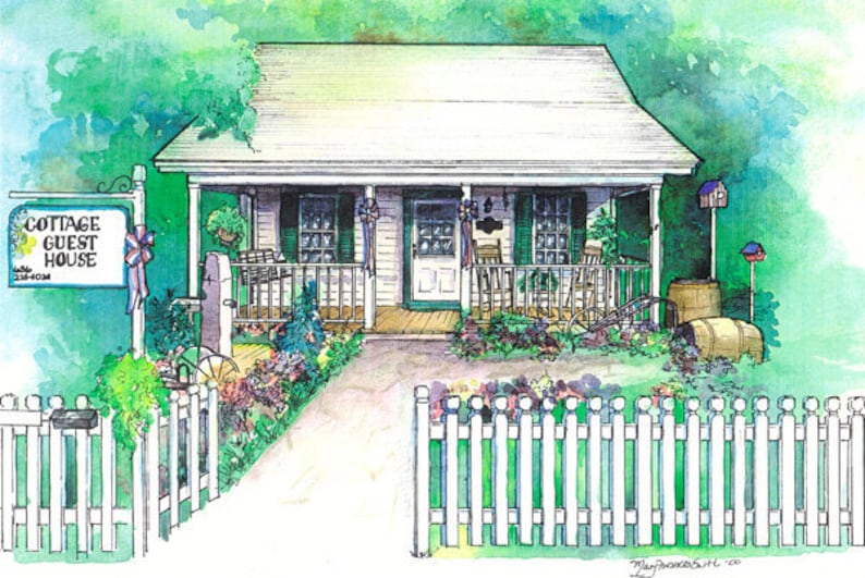 May include: A watercolor painting of a white cottage with a porch and a sign that reads "Cottage Guest House". The cottage has green shutters and a red, white, and blue ribbon on the porch. There is a white picket fence in the foreground.