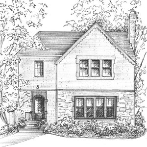 May include: A black and white line drawing of a brick house with a front porch and a large tree in the front yard.