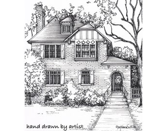 Custom House Sketch, Hand drawn home portrait in ink, bespoke family gift