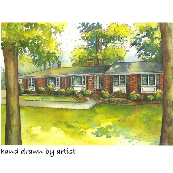 Watercolor House Painting, Custom color sketch of your home