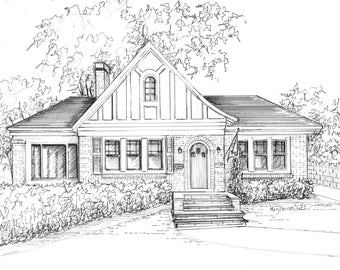 Custom Home Portrait in Ink, Your home, hand drawn from photos, includes mat