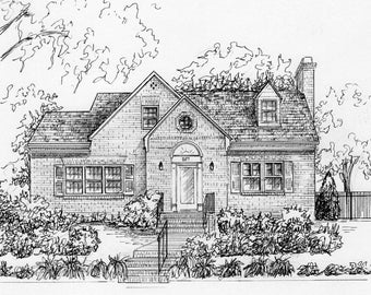 Custom house drawing from photo, 11"x 14" house portrait, architectural home sketch in ink