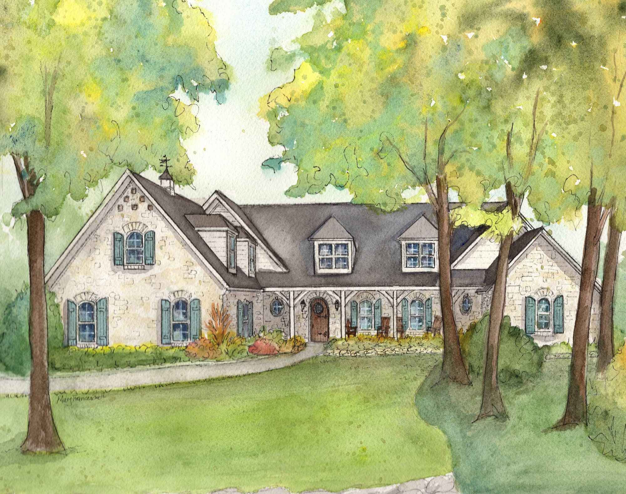 Watercolor House Sketch 8x 10 custom home art Etsy