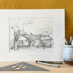 May include: A black and white line drawing of a house with a front yard and trees. The house has a gabled roof, a front porch, and a window on each side of the front door. The trees are drawn with a lot of detail, and the drawing is framed in a white mat.