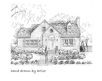 Custom house drawing, 11&quot;x 14&quot; house portrait, hand drawn architectural home sketch in ink