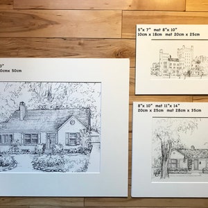 May include: Three black and white pen and ink drawings of houses framed in white mats. The top drawing is of a large building with a tall tower. The middle drawing is of a small house with a tree in front. The bottom drawing is of a house with a tree in front. The drawings are labeled with their dimensions in inches and centimeters.