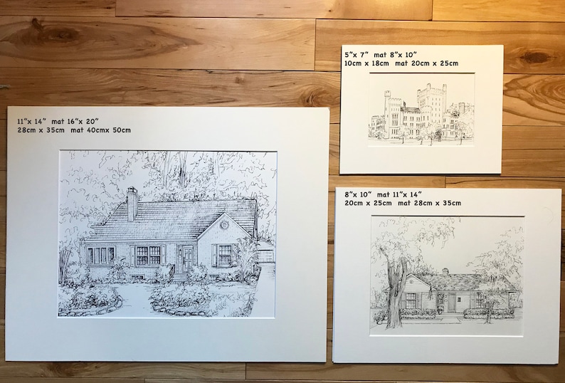 May include: Three black and white pen and ink drawings of houses framed in white mats. The top drawing is of a large building with a tall tower. The middle drawing is of a small house with a tree in front. The bottom drawing is of a house with a tree in front. The drawings are labeled with their dimensions in inches and centimeters.