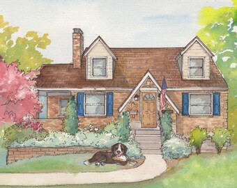 Custom painting of home, original hand drawn watercolor house sketch