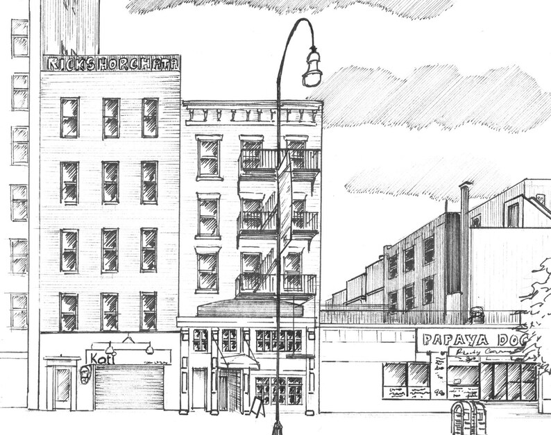 May include: Black and white line drawing of a city street scene with three buildings. The building on the left has a sign that reads "Rickshorchha", the building in the center has a sign that reads "Kofi", and the building on the right has a sign that reads "Papaya Dog Ready-to-Go".