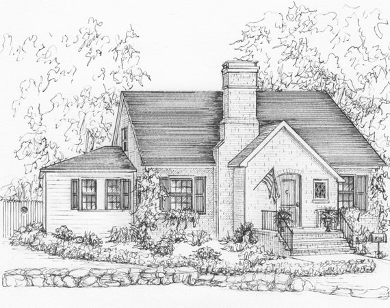 Ink House Portrait Commissioned Original Artwork Family History Draw My House From Photo Architectural House Sketch Black And White Art