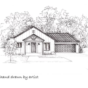 May include: Hand-drawn pen and ink illustration of a house with a gabled roof, porch, and attached garage. The house is surrounded by trees. The text "hand drawn by artist" is at the bottom.
