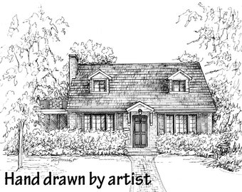 House drawing in ink, Custom architectural sketch of your home from photo, Pen and Ink rendering of building drawn by hand, family history