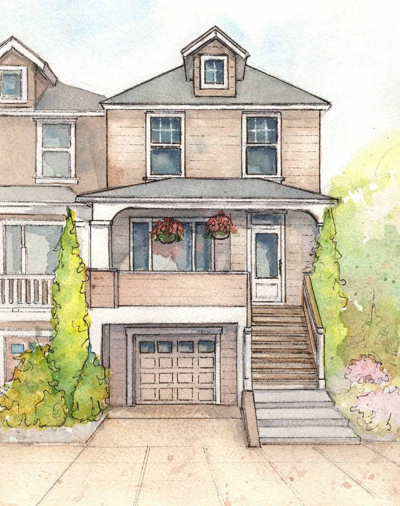 Artist rendering of your home painted in watercolor with ink detailing, Custom house portrait, Commissioned architectural home portrait bild 9