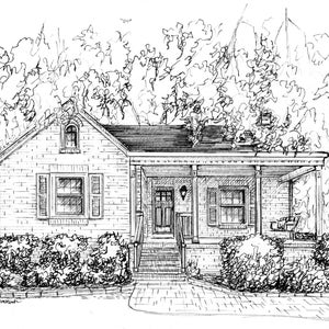 May include: A black and white line drawing of a brick house with a porch and a front yard. The house has a gabled roof, a dormer window, and a front door with a sidelight. The porch has a railing and a set of steps leading down to the yard. The yard is surrounded by trees and bushes.