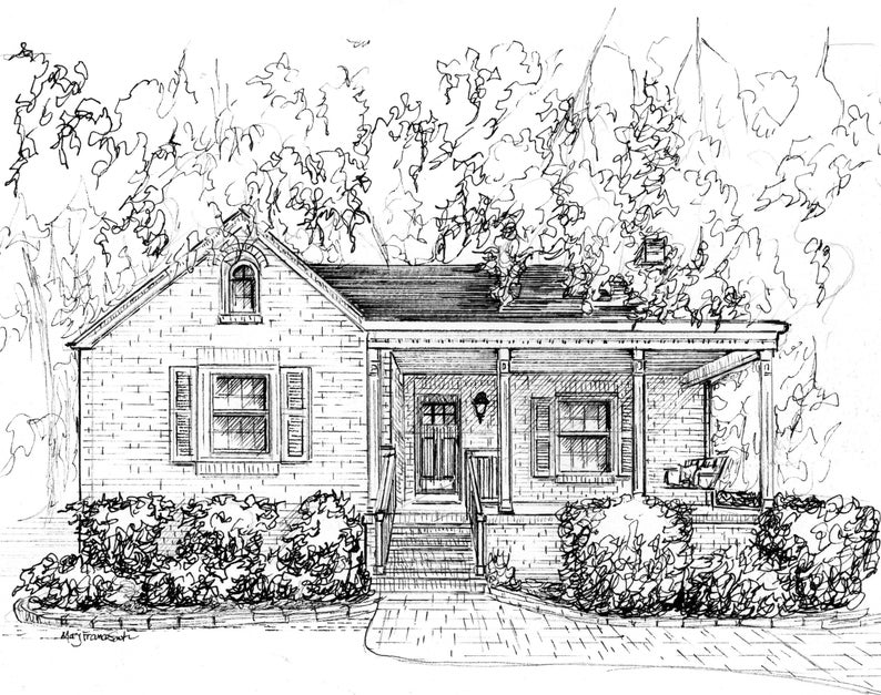 May include: A black and white line drawing of a brick house with a porch and a front yard. The house has a gabled roof, a dormer window, and a front door with a sidelight. The porch has a railing and a set of steps leading down to the yard. The yard is surrounded by trees and bushes.