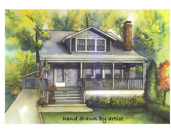 Custom House Portrait in Watercolor and Ink, Architectural painting of your home or business created by hand by artist