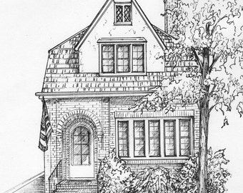 May include: A black and white line drawing of a brick house with a gabled roof, a front porch, and a tree in the front yard.