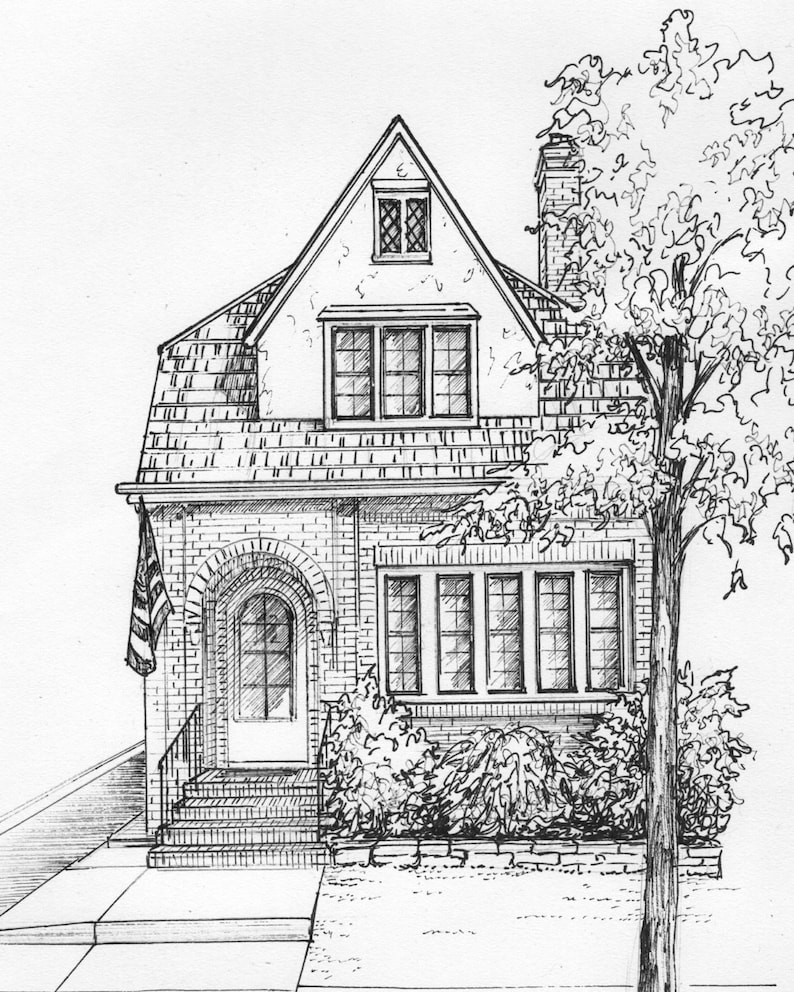 House Drawn in Ink 8x 10 architectural sketch, 0ne of a kind custom artwork house portrait your home sketch from photo image 1