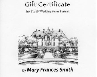 Wedding Venue Portrait Gift Certificate, drawn in pen and ink, architectural illustration of church, restaurant, or hotel