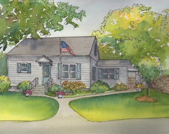 House painting, hand drawn watercolor sketch of your home or building created from your photo