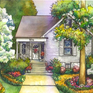May include: A watercolor painting of a white house with a brown roof and a porch. The house has a green lawn and a tree in the front yard. The house number is 506.
