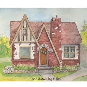 May include: Watercolor painting of a red brick house with a pointed roof and a white door. The house has a small yard with green grass and a stone wall.