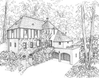 Custom House Portrait,  Your home drawn in ink, Personalized artwork hand drawn from your photos