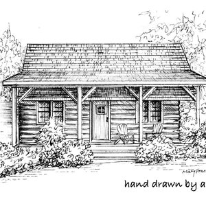 Ink cottage portrait, traditionally hand drawn