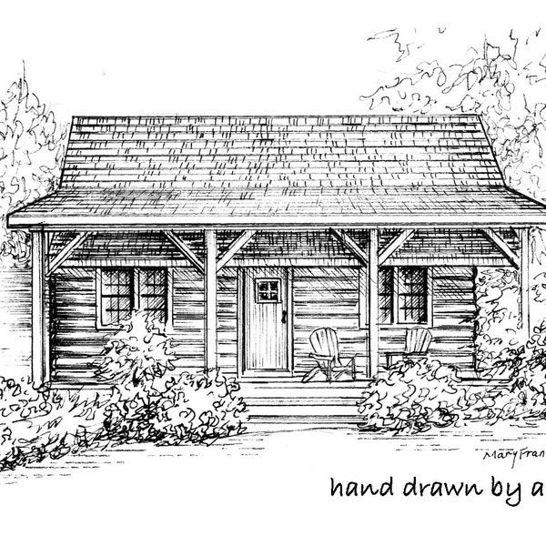 Home portrait of vacation spot, architectural sketch of your airbnb, lake cottage, cabin, or resort, ink custom drawn